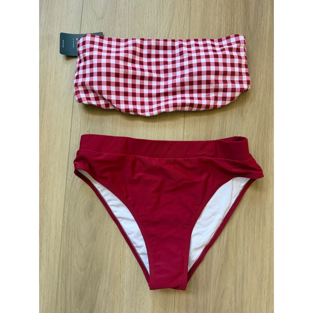 Yacun Womens Red Gingham Bandeau Bikini Set High Waist Two Piece Swimsuit Size M